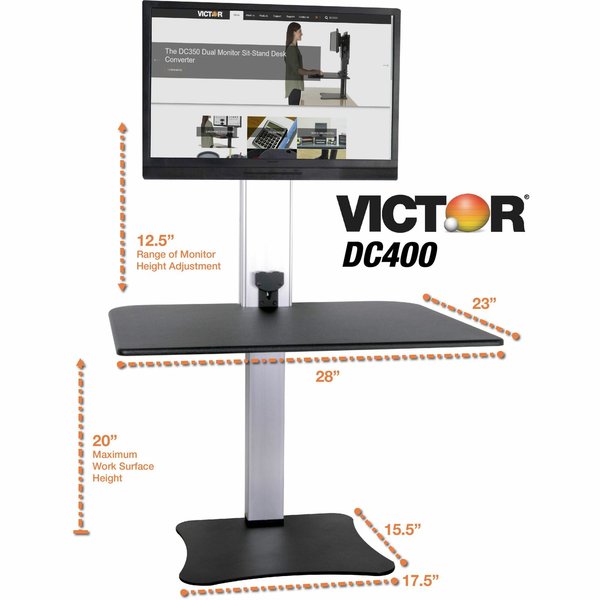 Electric Single Monitor Standing Desk, 23 in D, 28 in W, Yes H, Black, Aluminum