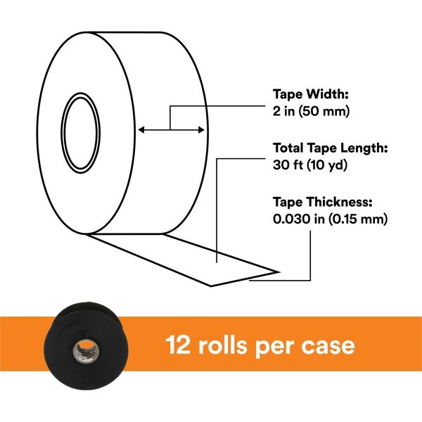 Rubber Electrical Tape, 130C, Scotch, 2 in W x 30 ft L, 30 mil thick, Black, 1 Pack