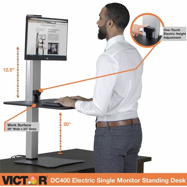 Electric Single Monitor Standing Desk, 23 in D, 28 in W, Yes H, Black, Aluminum