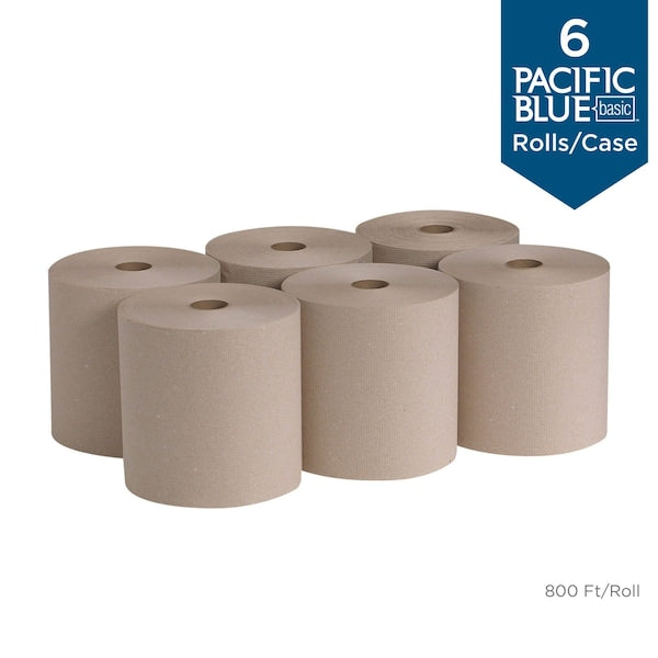 Pacific Blue Basic Hardwound Paper Towels, Continuous Roll, 7 7/8 in W, 800 ft, Brown, 6 Pack
