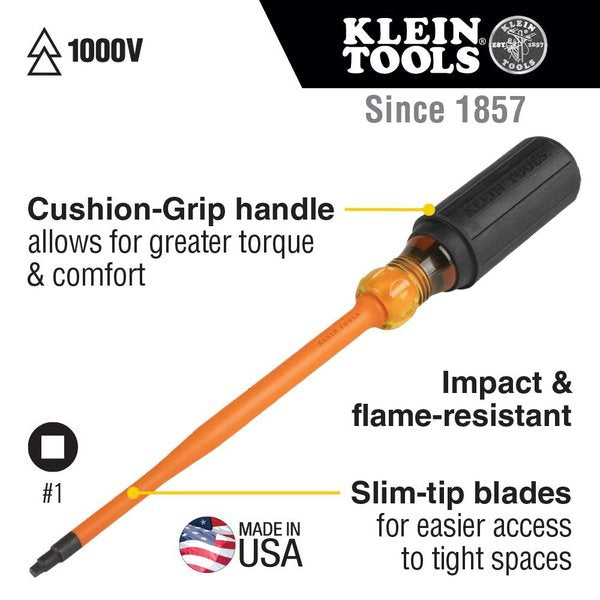 Slim-Tip 1000V Insulated Screwdriver, #1 Square, 4-Inch Round Shank