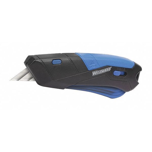 Safety Knife, Self-Retracting, Multipurpose, Straight Steel Blade, Plastic Handle, Blue/Black