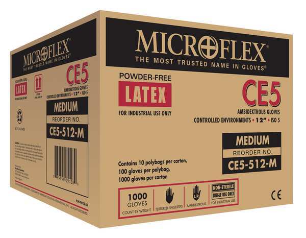 Cleanroom Gloves, Latex, M, PK1000
