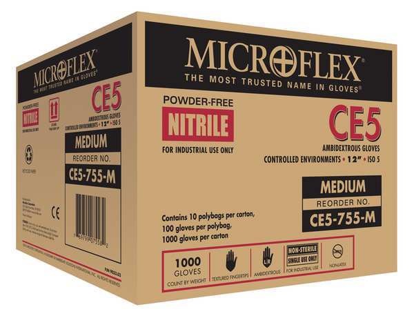 Cleanroom Gloves, Nitrile, M, PK1000