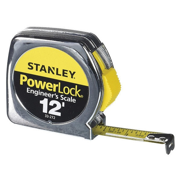 Tape Measure, Inch/Engineer's Scale, Nonmagnetic Single Hook Tip, Metal, 12 ft, Narrow Blade