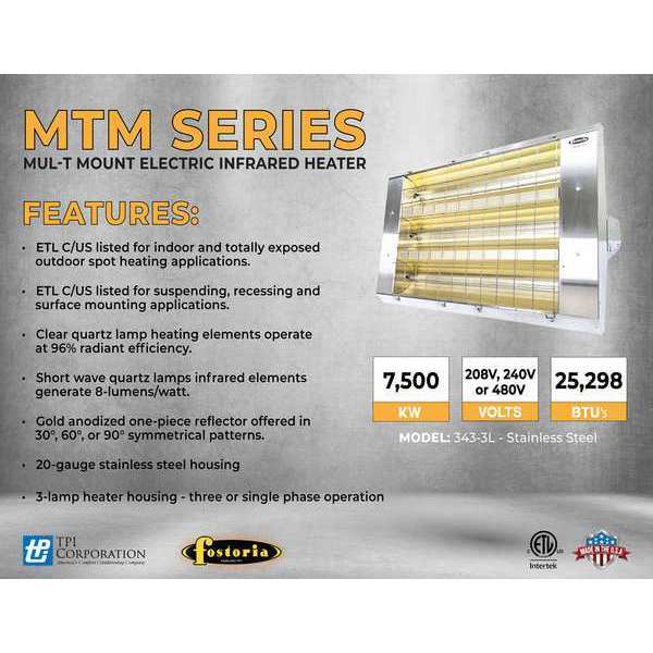 Infrared Quartz Electric Heater, Stainless Steel, 480 V