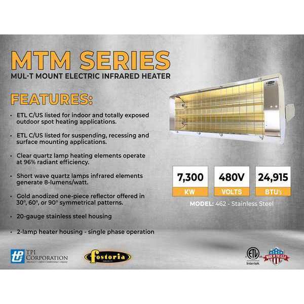 Infrared Quartz Electric Heater, Stainless Steel, 480 V