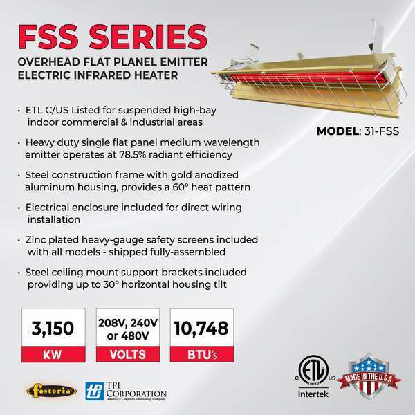 Infrared Overhead Electric Heater, Aluminum, 240 V