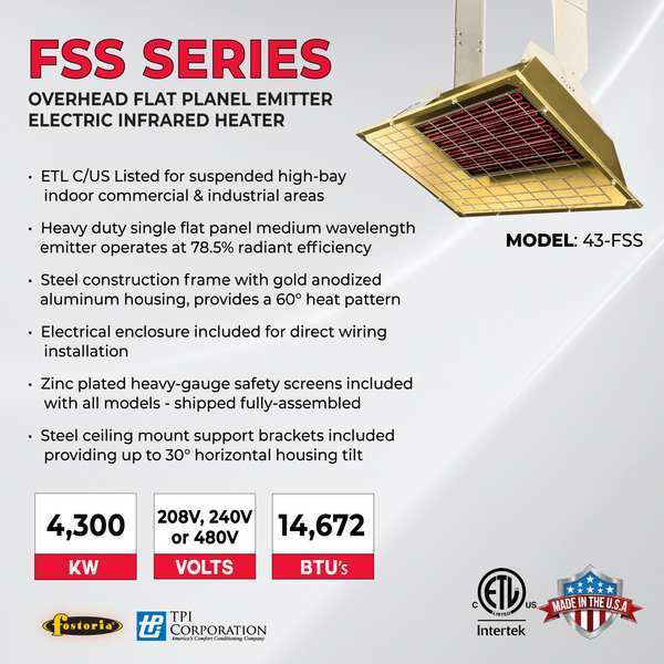 Infrared Overhead Electric Heater, Aluminum, 480 V