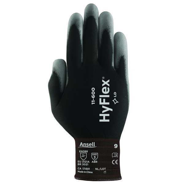 Polyurethane Coated Gloves, Palm Coverage, Black, 7, PR