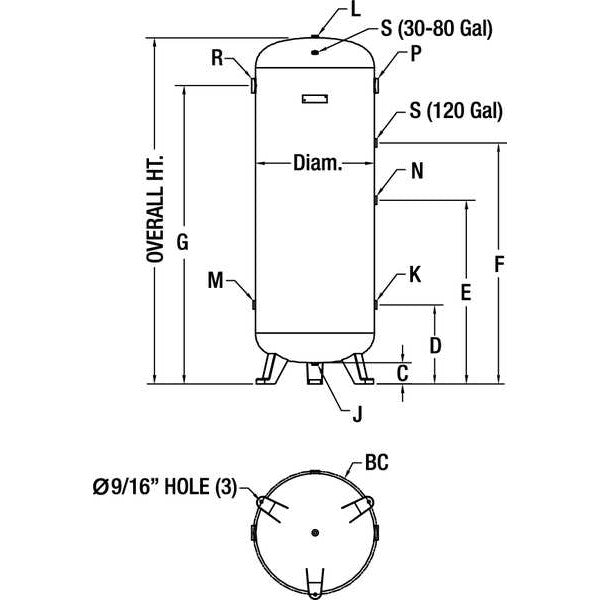 Air Tank, Stationary, 200 PSI, 80 Gal, Vert